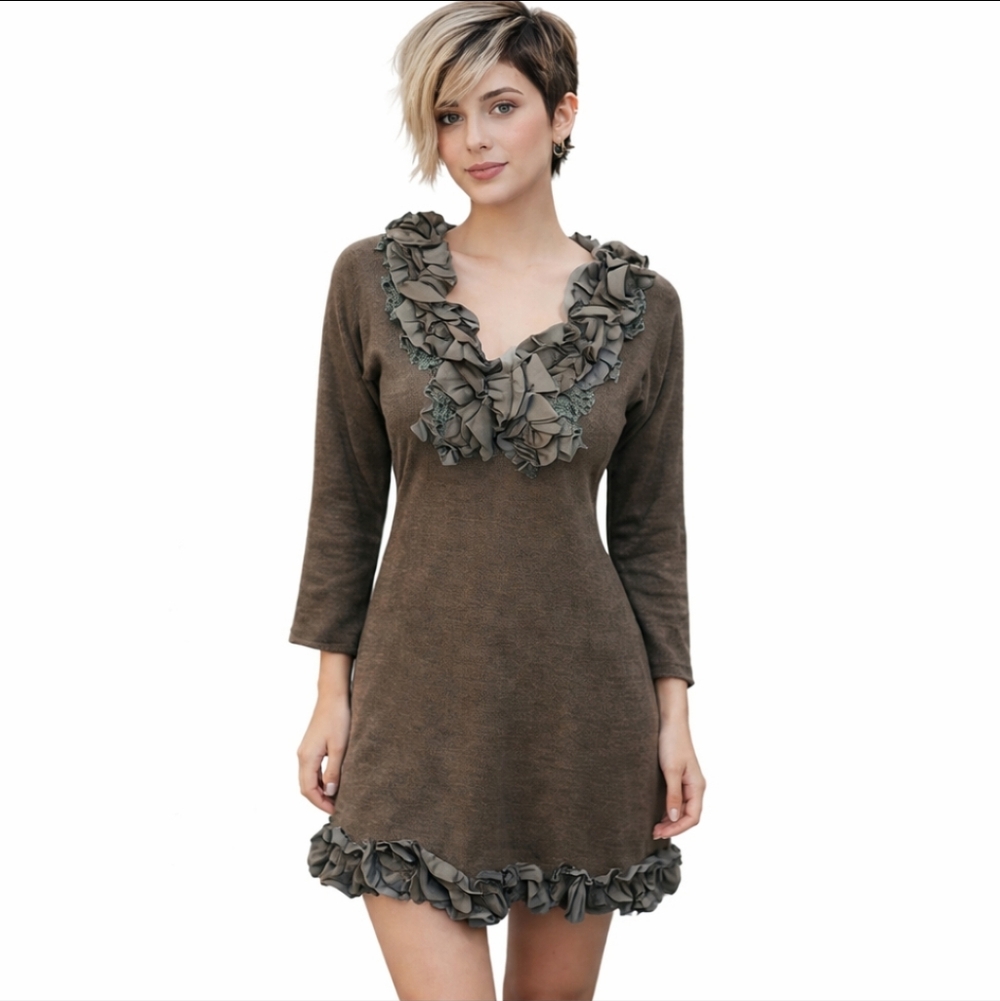 Y2K Avant Garde Unique Brown Ruffle 3d V Neck Babydoll Knit Bohemian Dress Sz S